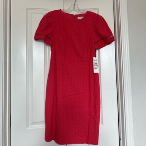 Calvin Klein Red Puff Sleeve Sheath Midi Dress